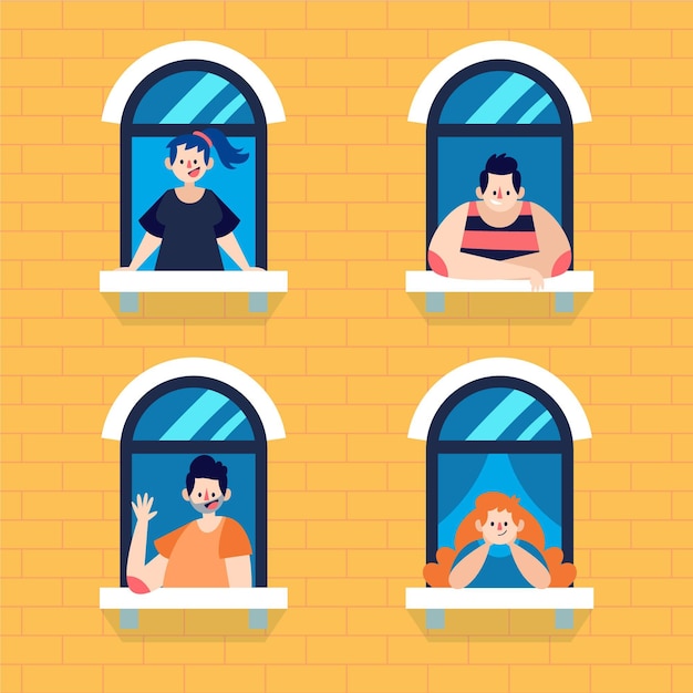 Free Vector medium view of people standing at their windows