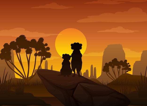 Free Vector meerkats silhouette at savanna forest