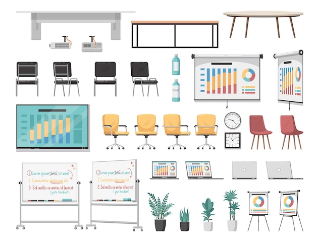 Free Vector meeting room cartoon icons set with office furniture items isolated vector illustration