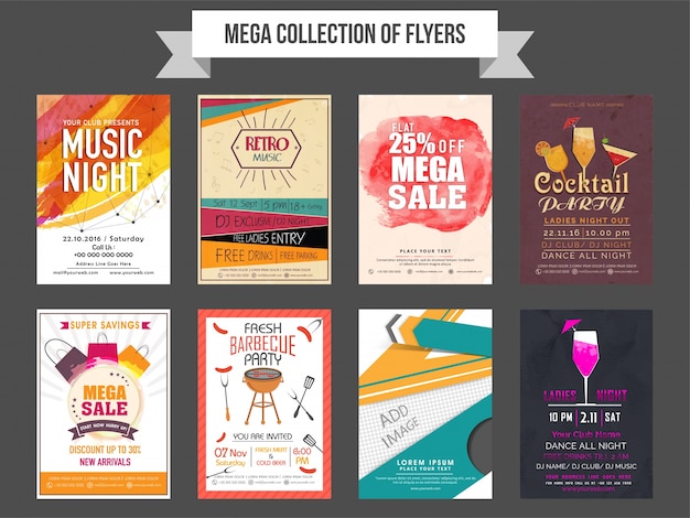  Mega collection of eight different flyers design based on Sale and Discount, Music Party and Business concept