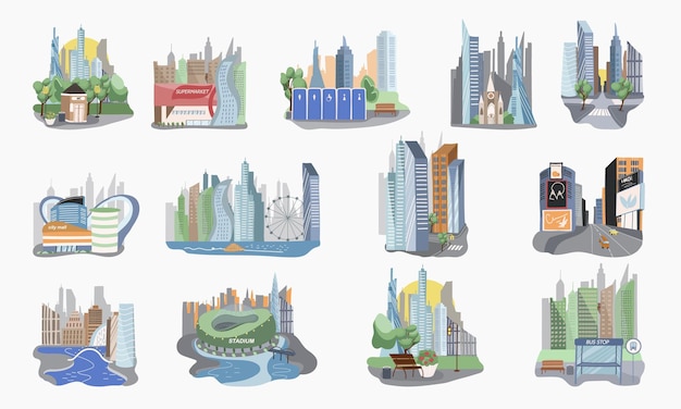 Free Vector megapolis city set with architecture symbols flat isolated vector illustration