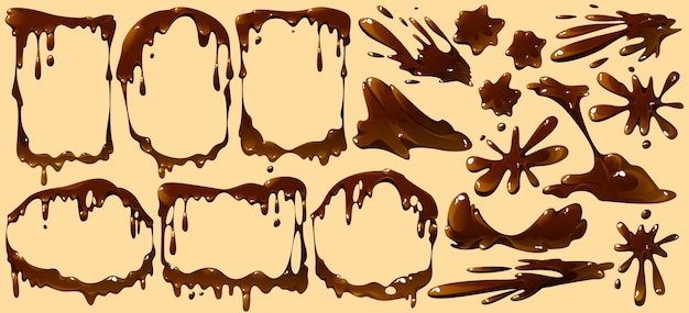 Melt chocolate drips frames splashes and sports isolated set Melted dripping of dark or milk choco sauce brown cream or syrup borders liquid cocoa food elements Cartoon vector illustration