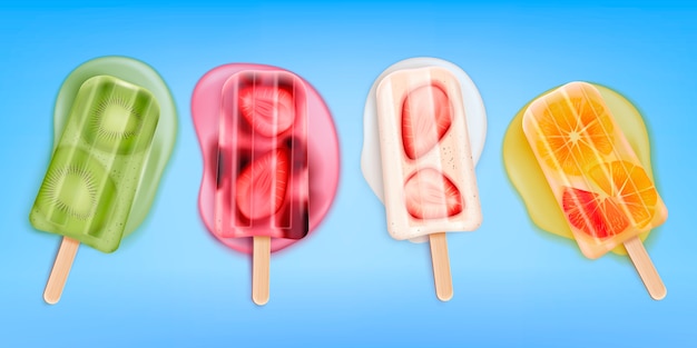 Free vector melted fruit popsicles ice cream realistic set with four isolated images of ice cream on stick