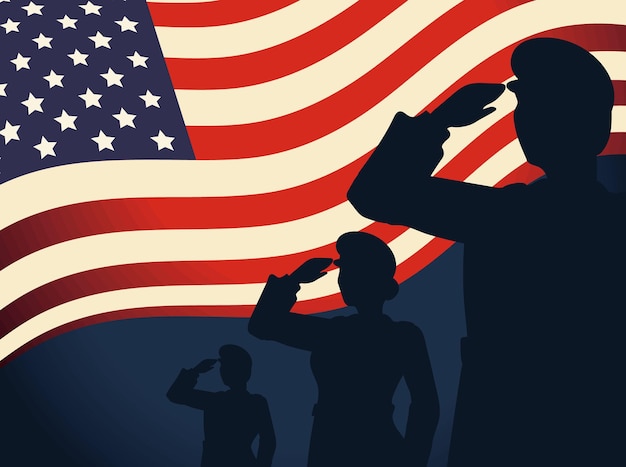 Free Vector memorial day saluting soldiers on american flag