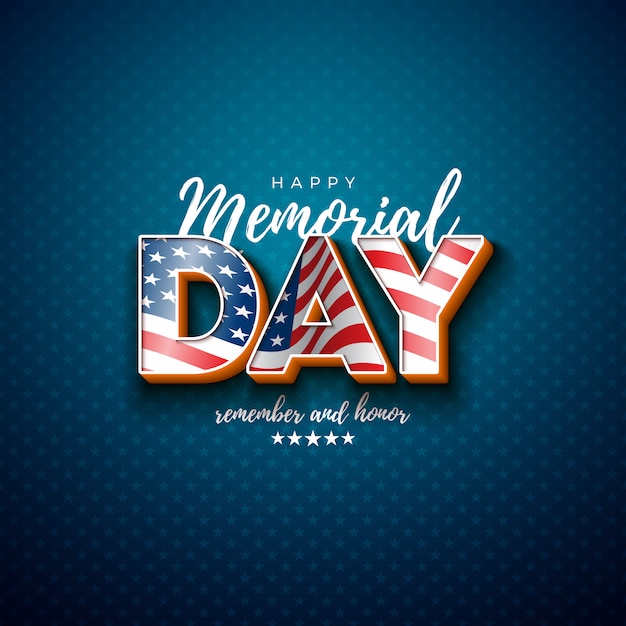 Memorial Day of the USA  Design Template with American Flag in 3d Letter on Light Star Pattern Background. National Patriotic Celebration Illustration for Banner, Greeting Card or Holiday Poster