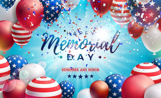 Memorial Day of the USA   Design Template with American Flag Air Balloon and Falling Confetti on Shiny Blue Background. National Patriotic Celebration Illustration for Banner or Greeting Card