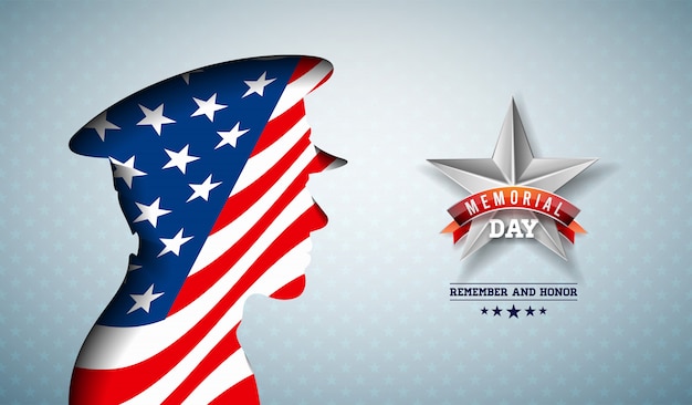 Free vector memorial day of the usa  illustration. american national celebration design with flag in patriotic soldier silhouette on light star pattern background for banner, greeting card or holiday poster