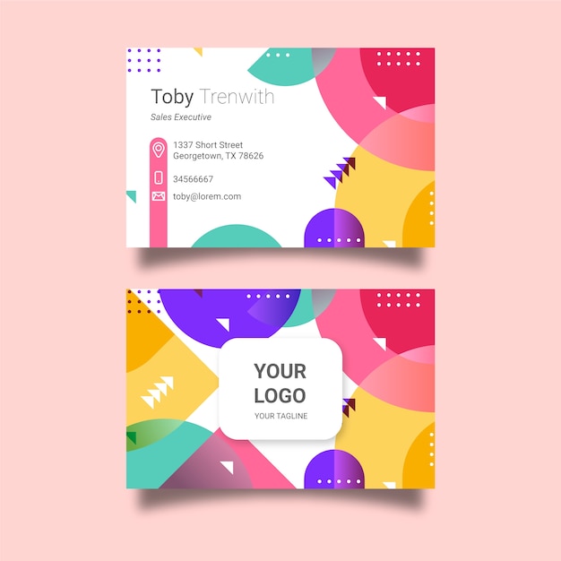 Memphis style company card with colorful shapes