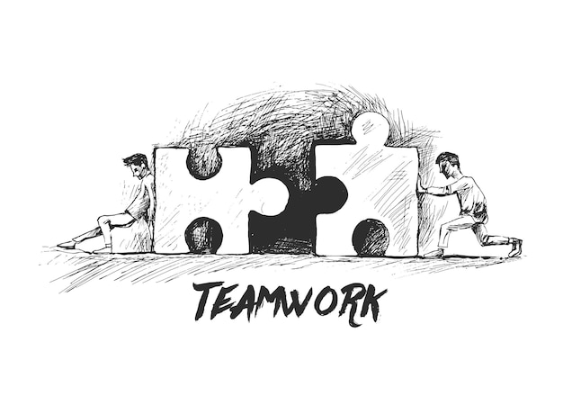 Free Vector men assembling the pieces of a puzzle hand drawn sketch vector illustration