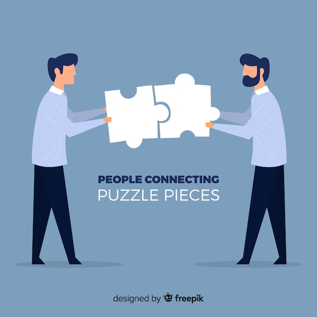 Men connecting puzzle pieces background