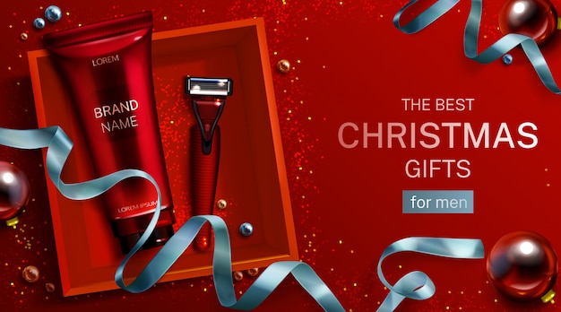 Free Vector men cosmetics christmas gift banner template. aftershave cream tube, safety razor blade in red box top view. shaver and body care cosmetic product