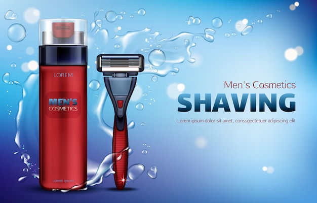 Free Vector men cosmetics, shaving foam, safety razor blade 3d realistic  ads poster. 