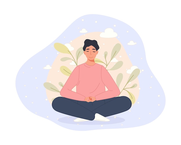 Free vector men sitting on floor and meditating in lotus pose meditation practice concept cartoon style vector