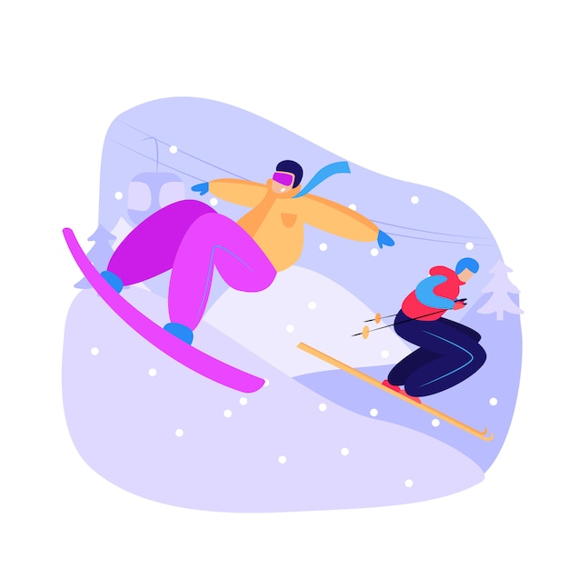 Free Vector men snowboarding and skiing downhill