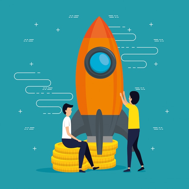 Free vector men teamwork business with a rocket