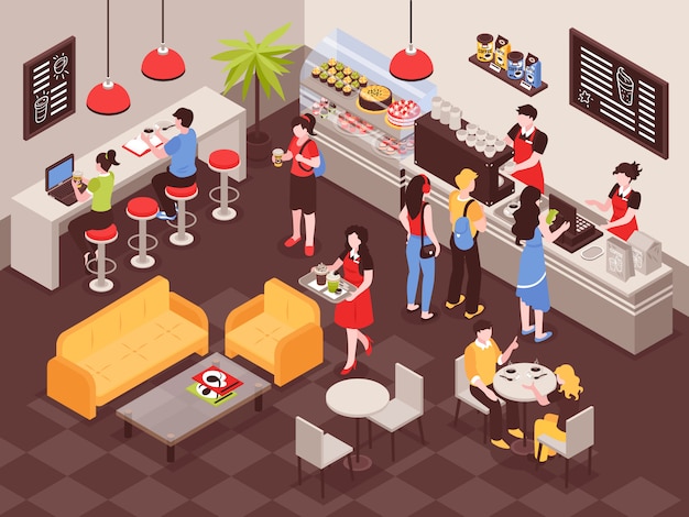 Men and women ordering drinks in coffee house 3d isometric 