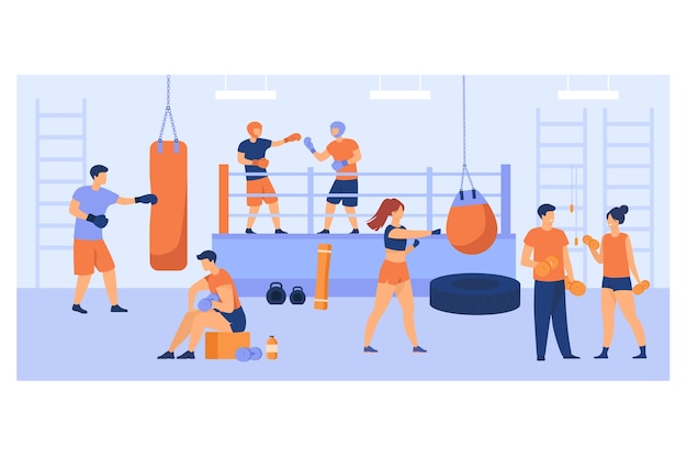 Free Vector men and women training in boxing club, exercising with punch bags, sparing on ring, lifting weight. for fight club, sport, active lifestyle concept