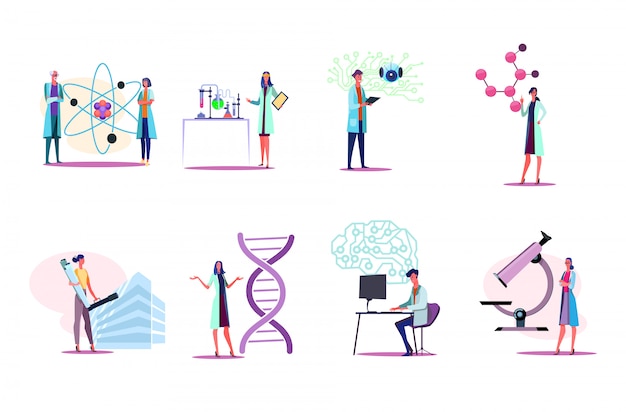 Free Vector men and women in white coats working in lab set