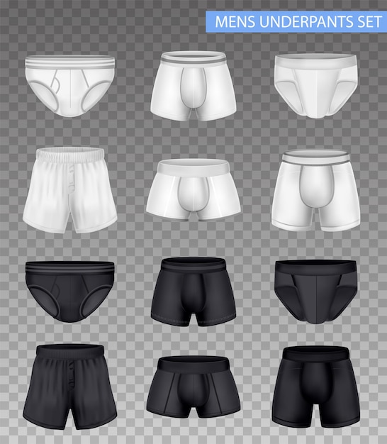 Free vector mens underpants realistic set with various models of black and white colors isolated on transparent background vector illustration