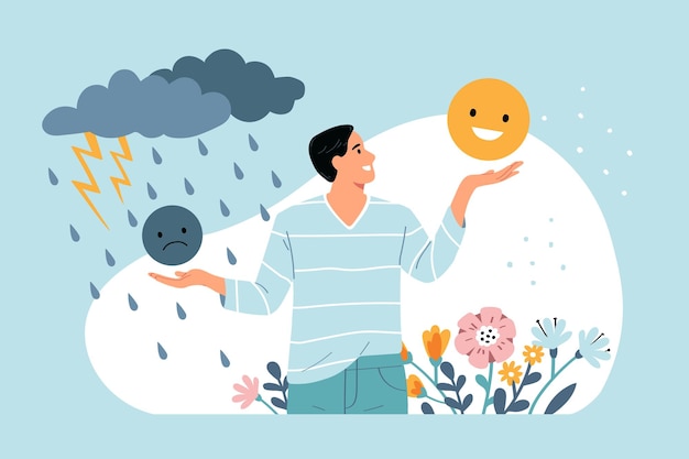 Free Vector mental health flat concept with man between sadness and positive symbols vector illustration