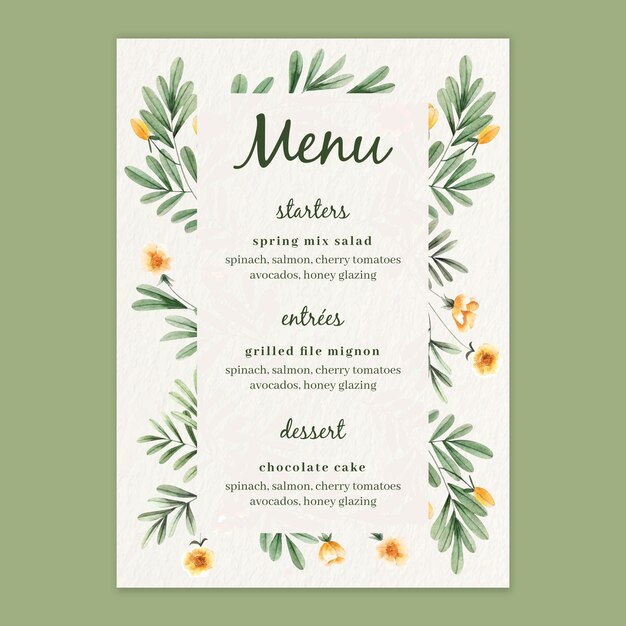 Menu template for wedding with watercolor flowers