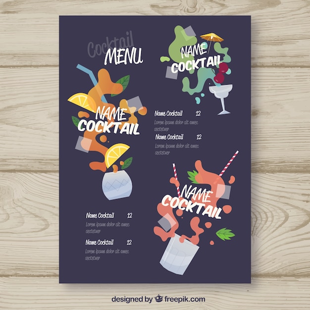 Menu with different cocktails in flat style