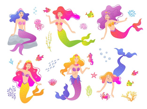 Mermaid cartoon characters flat illustrations set. Beautiful mythical creatures with underwater animals, fishes, seahorse isolated on white