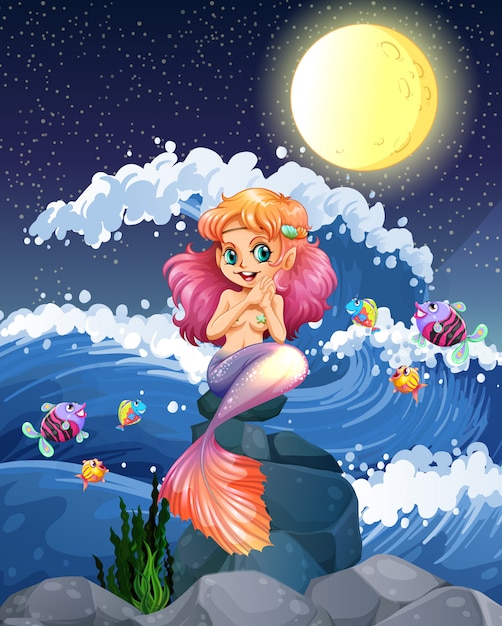 Free Vector mermaid and fish in the sea