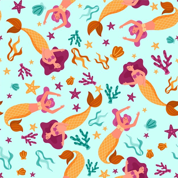 Mermaid flat design pattern template with seaweed