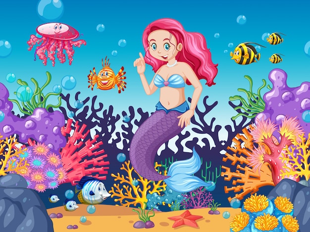 Mermaid and sea animal theme cartoon style on under sea background