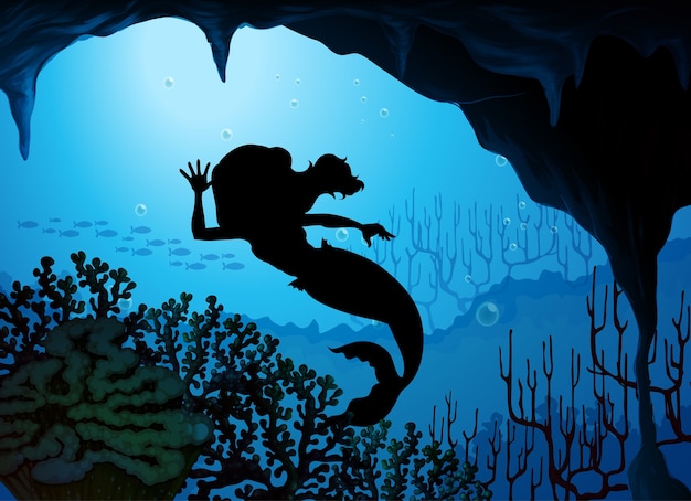 Free Vector mermaid underwater silhouette scene