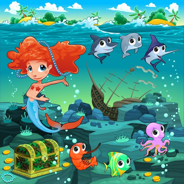 Mermaid with funny animals on the sea floor