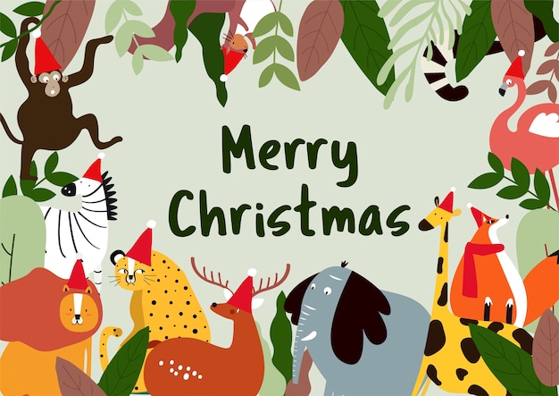 Merry Christmas animal theme card vector