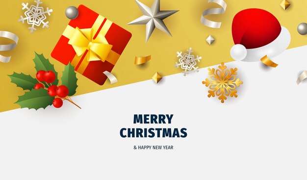 Merry Christmas banner with flakes on white and yellow ground