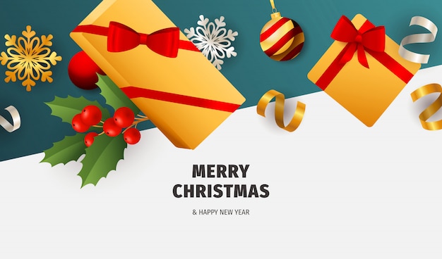 Merry Christmas banner with gifts on white and blue ground