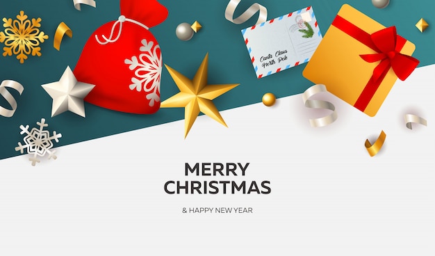 Merry Christmas banner with ribbons on white and blue ground