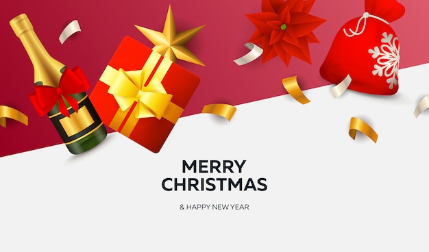 Merry Christmas banner with ribbons on white and red ground