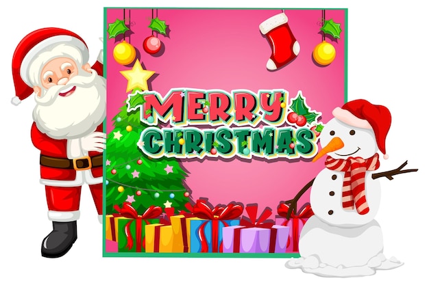 Merry Christmas banner with Santa Claus and snowman