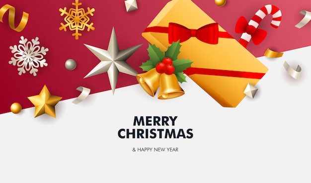 Merry Christmas banner with stars on white and red ground