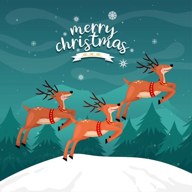 Free vector merry christmas card with reindeer on the mountain with pine