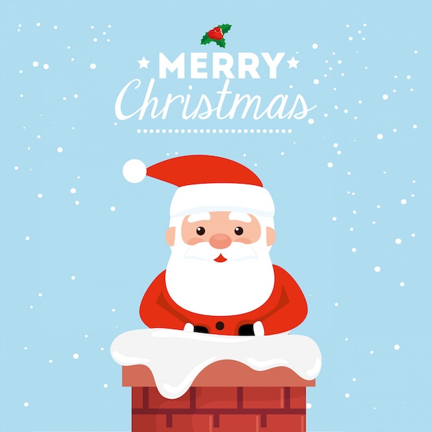 Merry christmas card with santa claus in chimney