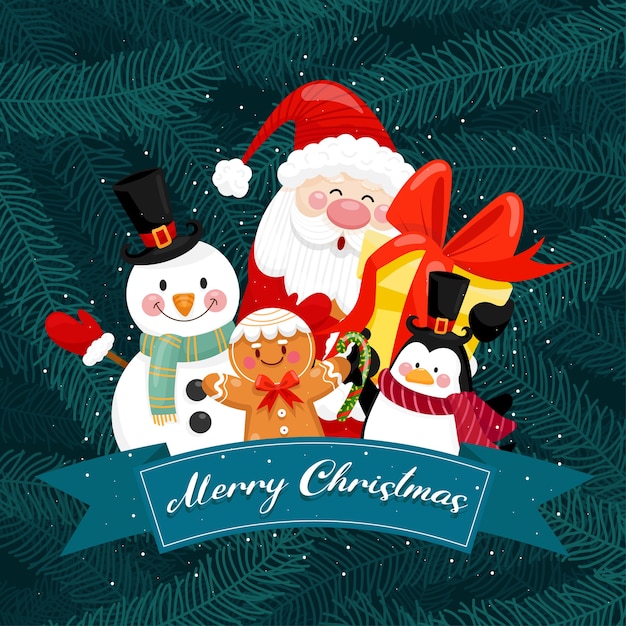 Merry Christmas card with santa, snowman, penguin and gift box.