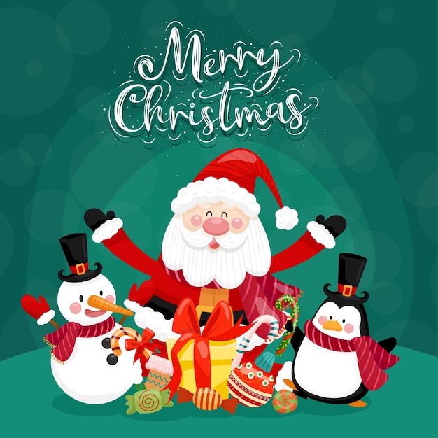 Merry Christmas card with santa, snowman, penguin and gift box.