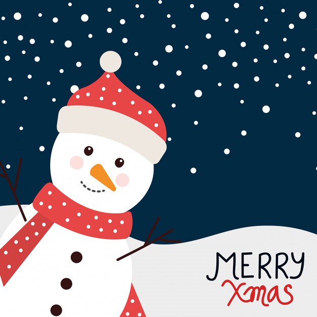 Merry christmas card with snowman in winter landscape