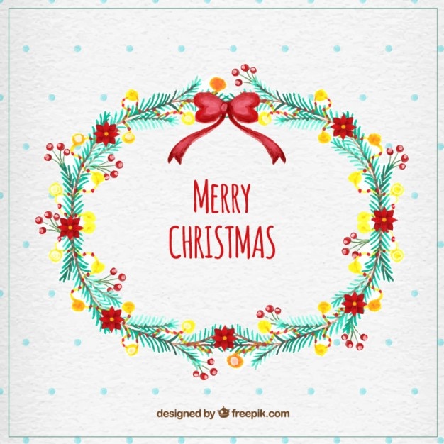 Free Vector merry christmas card with a wreath hand painted