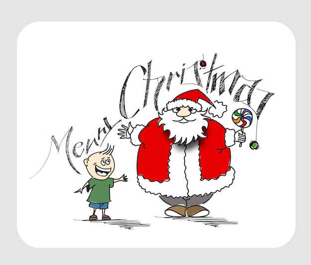 Merry Christmas! Cartoon Style Funny Santa Claus Holding Candy with Little Cute Baby, Vector illustration