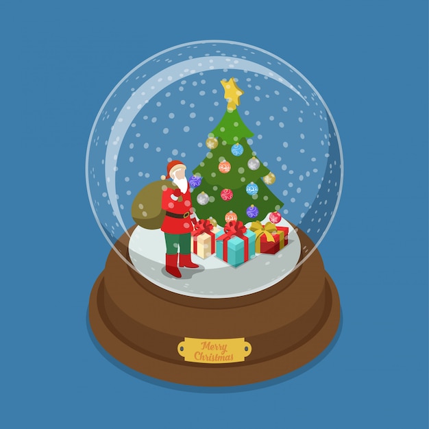 Merry Christmas Crystal ball with fir tree and Santa Claus isometric vector illustration.