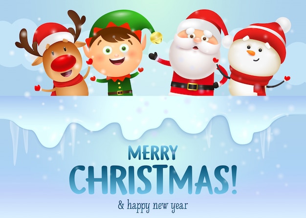 Merry Christmas design with jolly Santa and his friends