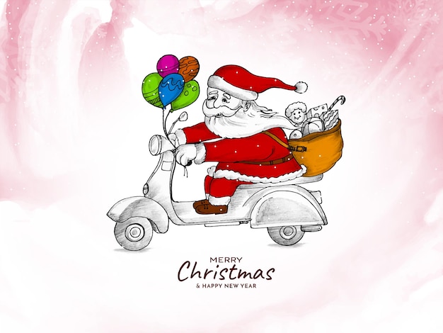 Free Vector merry christmas festival background with santa claus on scooter