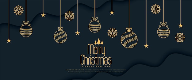 merry christmas festive invitation banner with hanging golden bauble vector